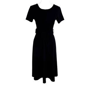 Melitea Women Black Midi Dress Belted Size XS/S Retro Minimalist Preppy Classic